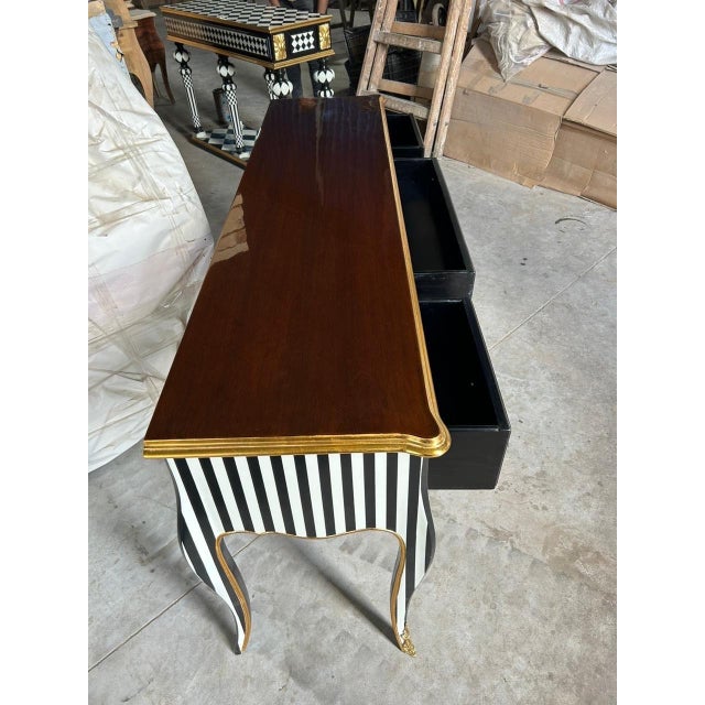 unique Louis XV-style console table with a distinctive checkered pattern, handmade craftsmanship, and featuring five...