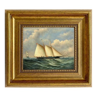 Schooner Dauntless America's Cup Framed Oil Painting Print on Canvas, 5x6", Antiqued Gold Frame For Sale