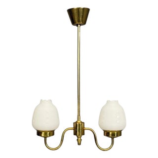 1950s Swedish Modern, Pendant Light, Etched Opal Glass, Brass For Sale