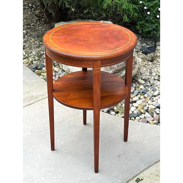 Vintage, Mahogany, Round End/Side Table, With Shelf, and Inlaid Wood Design, Federal Style, 1950’s For Sale - Image 4 of 11