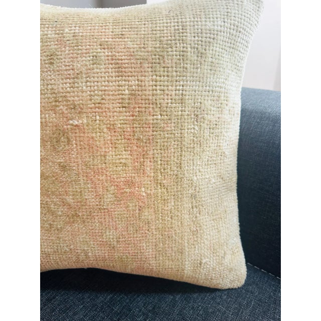 Vintage Turkish Rug Pillow Cover, Handwoven Wool Isparta Faded Abstract Cushion, Soft Ivory Peach Boho Pillow, 16x16 In For Sale - Image 11 of 12