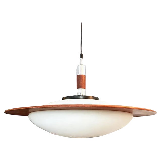 Mid-Century Round Wood, Opaline Glass, and Polished Steel Pendant Lamp, 1950s For Sale