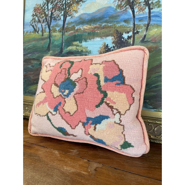 Abstract Handmade Needlepoint Floral Pillow With Pink Corduroy Backing - Accent Cushion, Made in Seattle For Sale - Image 3 of 9