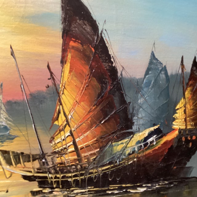 Vintage Painting on Canvas Chinese Junks Sailing Boats on Sunset Harbor Signed Framed For Sale - Image 9 of 12