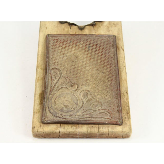 Late 19th Century Antique Tex-Mex Western Cowboy Boot Jack Embossed Leather on Wood Horse Head For Sale - Image 5 of 16