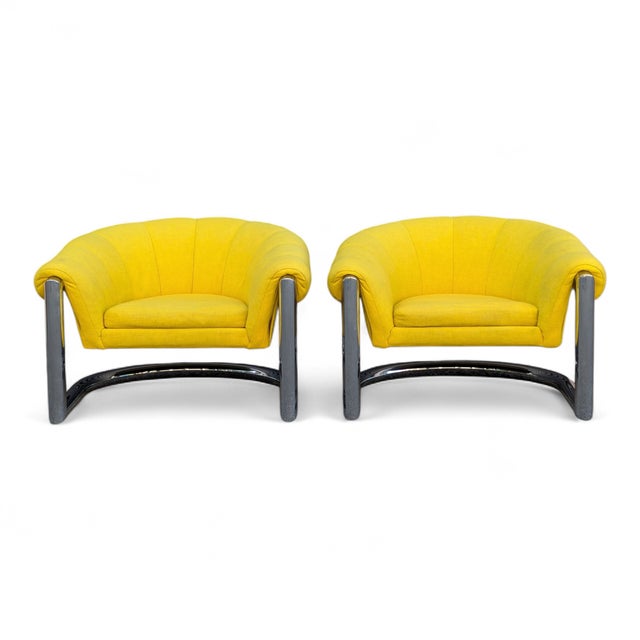 Mid-Century Modern Pair of 1970s Channel-Back Barrel Lounge Chairs, Chrome Cantilever Base For Sale - Image 3 of 14