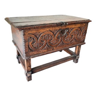 Ornate European Antique Carved Wooden Trunk on Stand For Sale