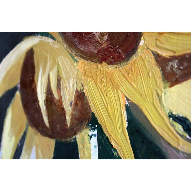 Sunflowers cardboard, oil, 87x77 cm still life painting with stylized sunflowers on light-colored background. The focal...