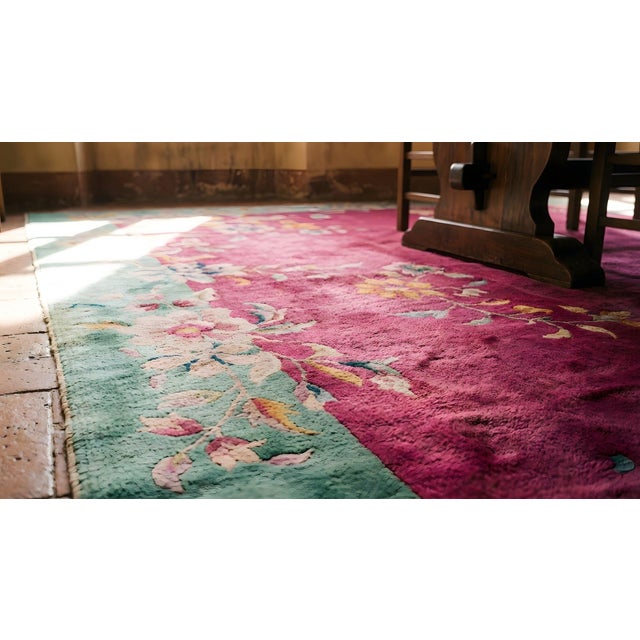 Textile 1920s Pink Floral Antique Chinese Art Deco Rug 8'9" X 11'8" Handknotted Wool Carpet For Sale - Image 7 of 8