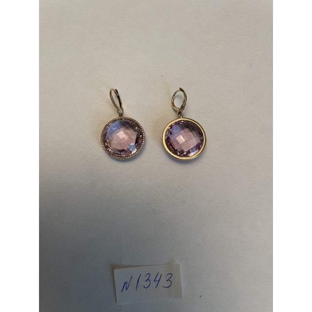 Violet Pink Amethyst Diamonds Halo Set 14k Yellow Gold Drop Unique Earrings, A Pair For Sale - Image 13 of 13