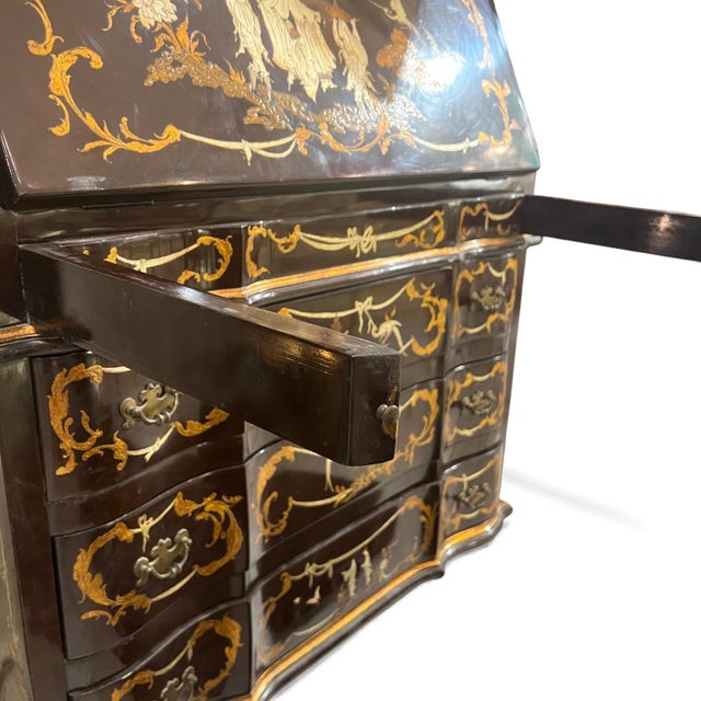 Bookcase with Secretaire in Dark Brown Chinoiserie Lacquer For Sale - Image 11 of 18