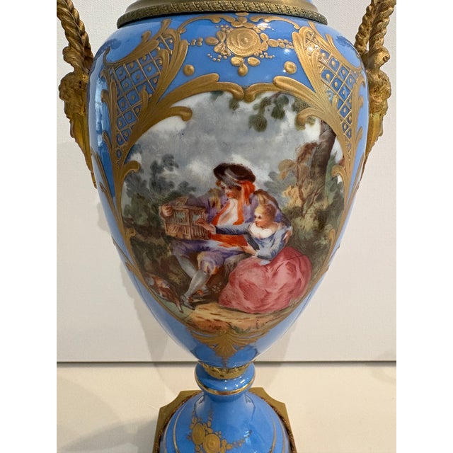 French Pair of Stunning Late 19th Century Hand-Painted French Sevres Urns For Sale - Image 3 of 15