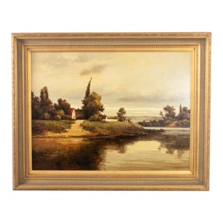 Late 20th Century Monumental Oil Landscape Painting in Ornate Gilded Frame Signed by John K. For Sale