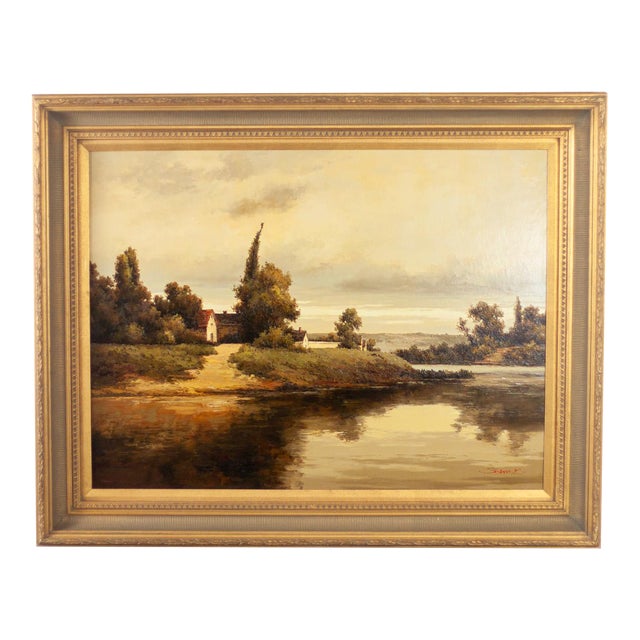 Late 20th Century Monumental Oil Landscape Painting in Ornate Gilded Frame Signed by John K. For Sale