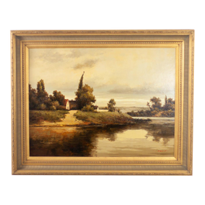 Late 20th Century Monumental Oil Landscape Painting in Ornate Gilded Frame Signed by John K.
