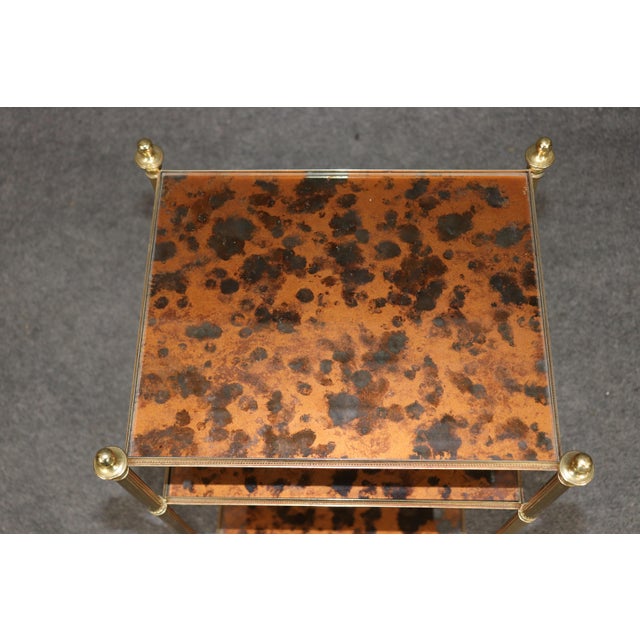 Mid-Century Modern Maison Jansen Style Eglomise Glass & Brass 3 Tier End Table C. 1950's For Sale - Image 3 of 12