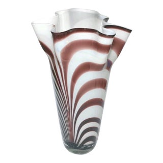 MCM Murano Fazzoletto White Brown Swirl Art Glass Vase For Sale