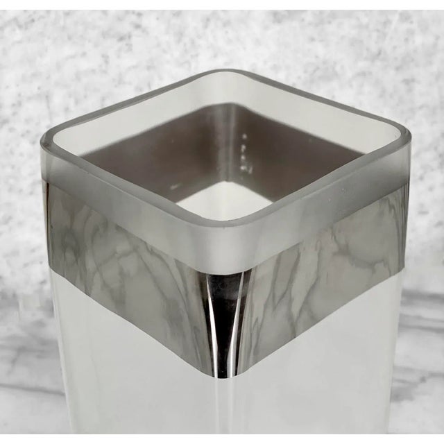 Italian Vintage Italian Frosted Art Glass Chrome Rim Pillar Vase For Sale - Image 3 of 11