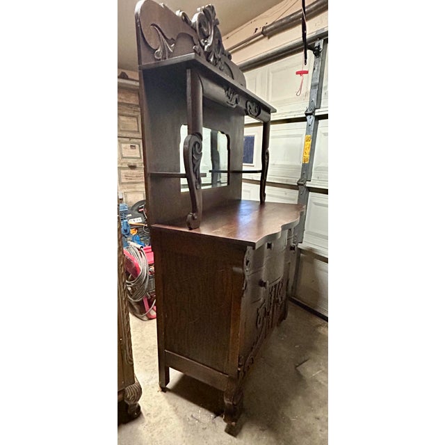 Antique Victorian Carved Tiger Oak Wood Buffet With Mirror For Sale In Dallas - Image 6 of 12