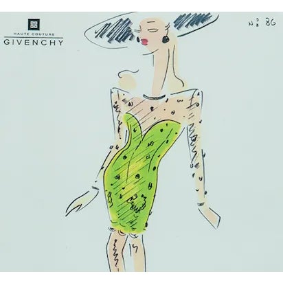 Glam Givenchy haute couture dress design c1980s featuring a chic 'day at the races' ensemble replete w/ a satin fabric...