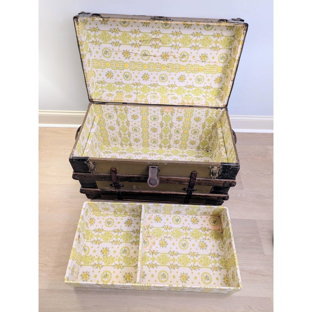Victorian 19th Century American Canvas and Oak Flat-Top Steamer Trunk With Lithograph Interior For Sale - Image 3 of 15