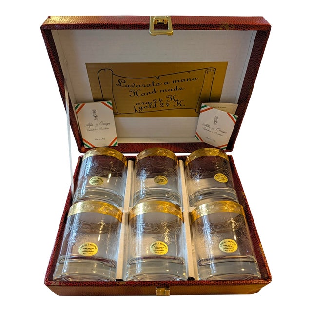 Vintage Alfa & Omega Cristal T. Murano Italian Whiskey Glasses in Original Box For Sale