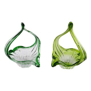 Blown Glass Baskets in Light and Dark Green, Belgium, 1970s, Set of 2 For Sale