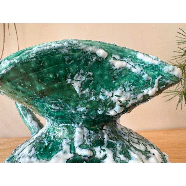 Vintage Sculptural Green Lava Glaze Ceramic Ewer With Scroll Handle For Sale - Image 16 of 18