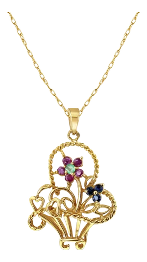 Sapphire, Emerald, & Ruby Flowers in Basket Necklace 16"