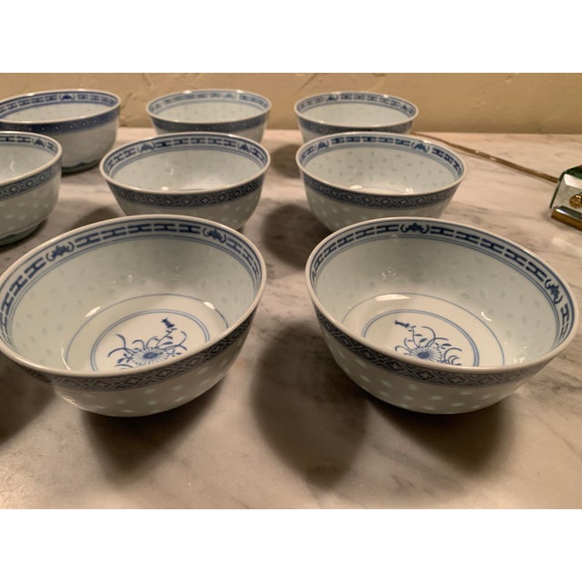 1970s Vintage Chinese Blue & White Porcelain Rice Grain Bowls Set of 12 For Sale - Image 5 of 16