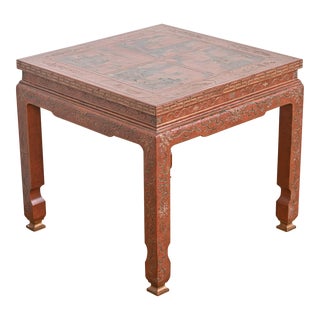 Baker Furniture Hollywood Regency Chinoiserie Carved Red Lacquered Side Table For Sale