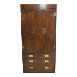 1980s Vintage Henredon Oak Campaign Scene One Armoire Wardrobe Dresser Cabinet For Sale