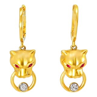 Late 20th Century 14K Yellow Gold Diamond Ruby Tiger Hanging Earrings Estate, Pair For Sale
