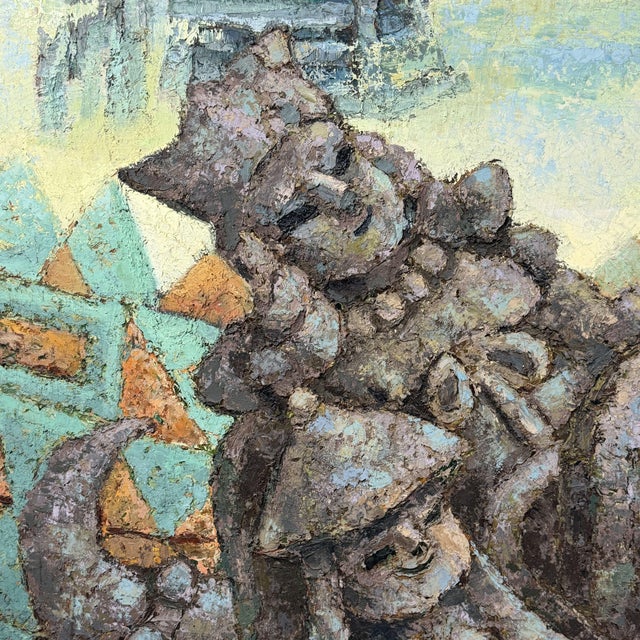 Monumental Japanese oil painting, attributed to Takahashi. The composition presents a dense group of archaic-looking...