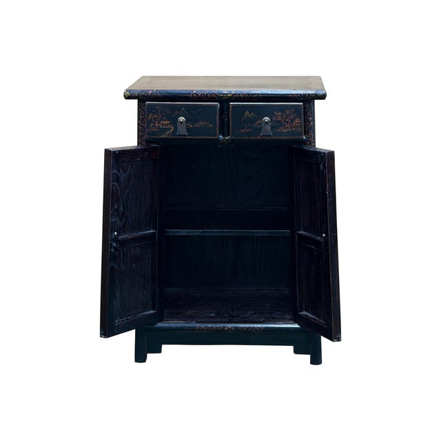 Distressed Black Golden Floral Graphic Tall Side End Table Cabinet For Sale - Image 4 of 14