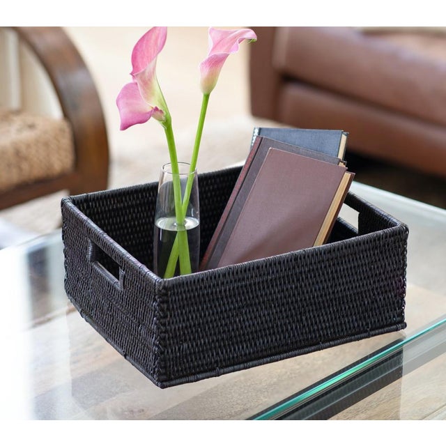 Coffee Artifacts Rattan Rectangular Basket with Cutout Handles in Tudor Black - 14" For Sale - Image 8 of 10