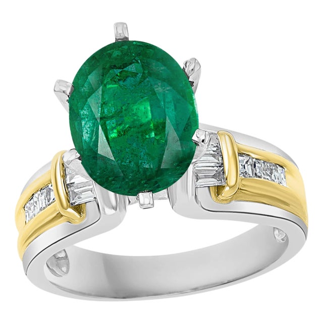 5.5 Carat Oval Cut Emerald and Diamond in 18 Karat/Platinum Two-Tone Ring Estate For Sale