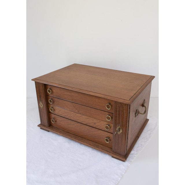 Antique French Oak Cutlery Case for 12 Pieces with 4 Drawers and Lock, 1960s For Sale - Image 4 of 10