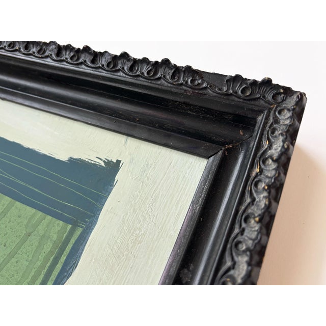 Blue “Serenity Pines" Green Abstract Art in Vintage Frame, Transitional Living Room Art by JTS For Sale - Image 8 of 10