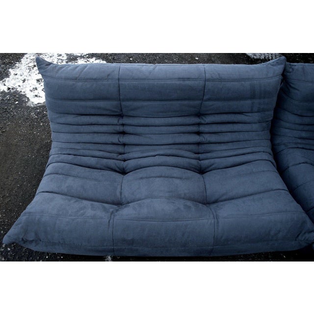 Refurbished 5-piece togo sofa set – navy blue microfiber pre-owned, independently refurbished and professionally...