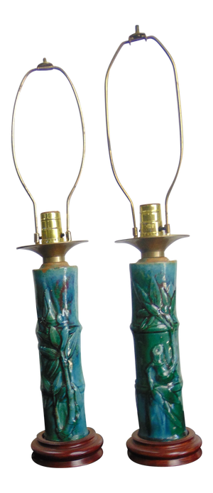 Asian Design Faux Bamboo Pottery Blue Glazed Lamps - a Pair