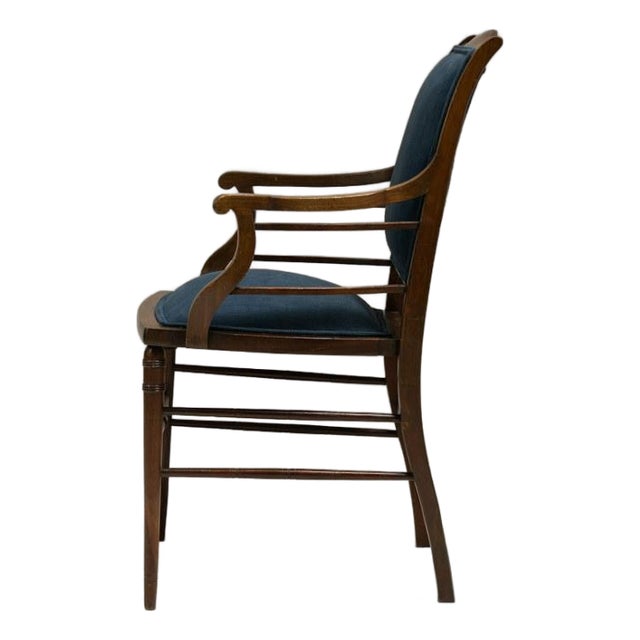 19th Century English Dark Wood Armchair With Navy Upholstery, Sunburst Inlay and Turned Legs For Sale
