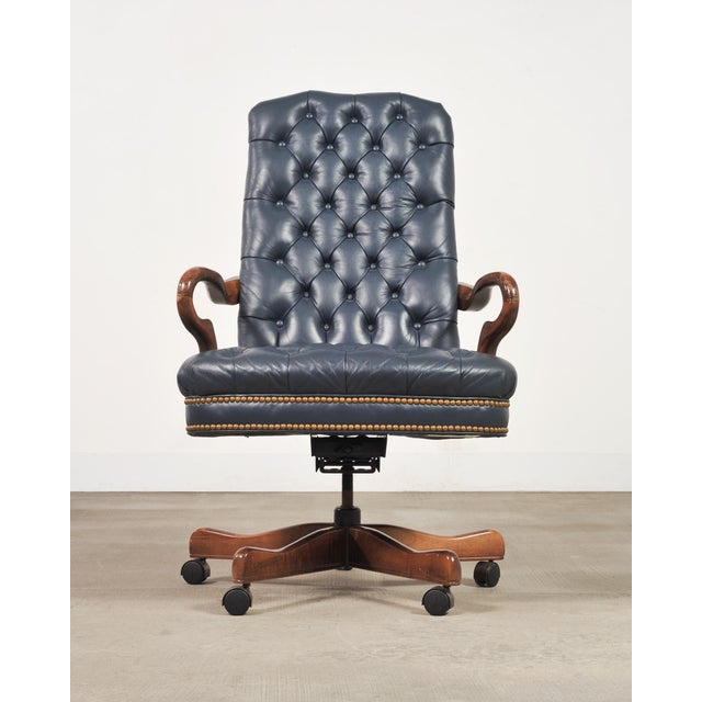 Traditional English Regency Style Tufted Leather Executive Office Chair For Sale - Image 3 of 18