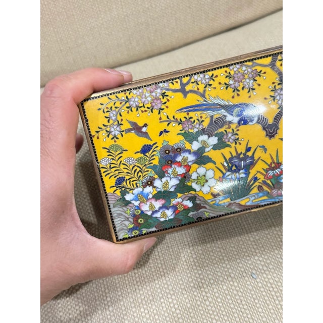 Metal Japanese Cloisonne Enamel Bird and Floral Trinket Box Signed Inaba, Meiji For Sale - Image 7 of 15
