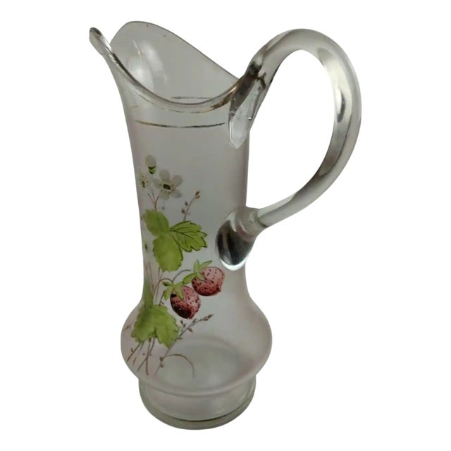 Art Nouveau Jug with Hand-Painted Strawberries in Clear, Blown Glass and Matte Finish For Sale