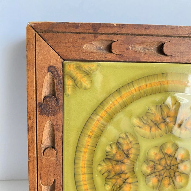Mid Century 1960s Trivet Footed Carved Wood & Ceramic Tile Avocado Green Great detail on this piece, use it as a trivet or...
