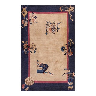 1920s Beige Floral Antique Art Deco Chinese Rug 3'2" X 5'0" Handknotted Pile Wool Carpet For Sale