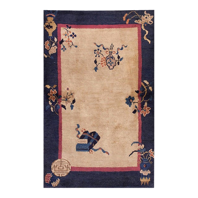 1920s Beige Floral Antique Art Deco Chinese Rug 3'2" X 5'0" Handknotted Pile Wool Carpet For Sale