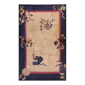 1920s Beige Floral Antique Art Deco Chinese Rug 3'2" X 5'0" Handknotted Pile Wool Carpet