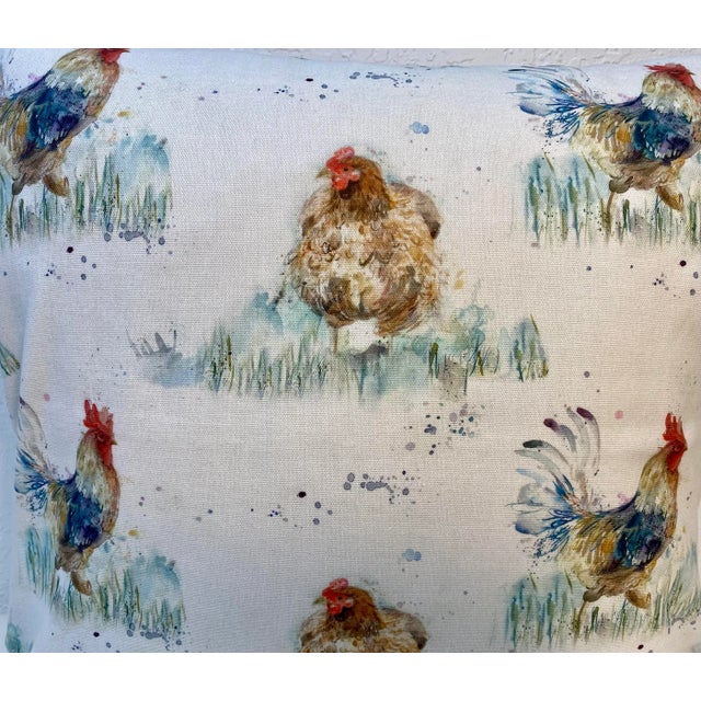 20” Square Pillow Adorned With A Chicken & Rooster Print - Made in U K This pillow was made in Wales, U.K., by a small...